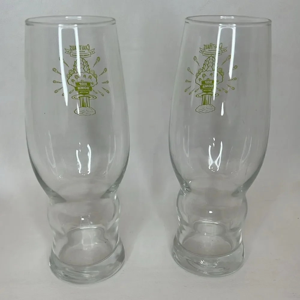 Craft Haus Beer Bomb Glasses 16 Oz Set Of 2 Clear Green Writing 7 1/2 Tall